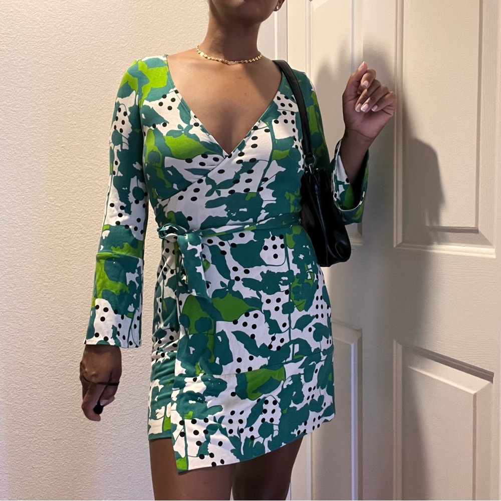 Diane Von Furstenberg Green and White Abstract Wrap Dress